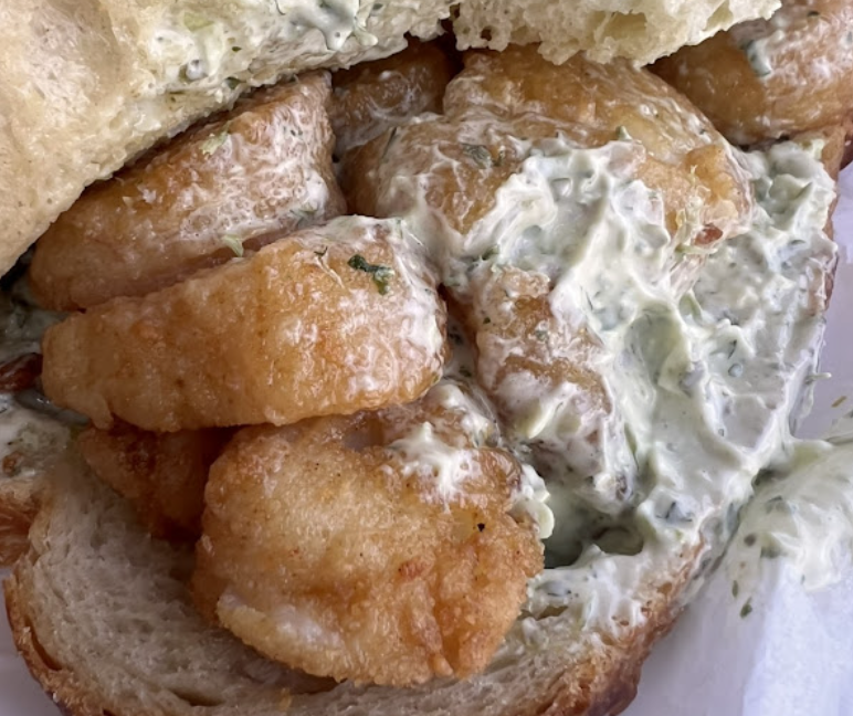 Point Loma Seafoods signature dishes Bay Shrimp Sandwich
Crab Cake Sandwich
Clam Chowder